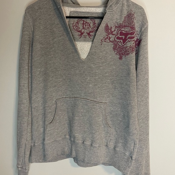 Fox Gray V-Neck Hoodie Sweater Soft Knit Casual Y2K size Large - Picture 1 of 12